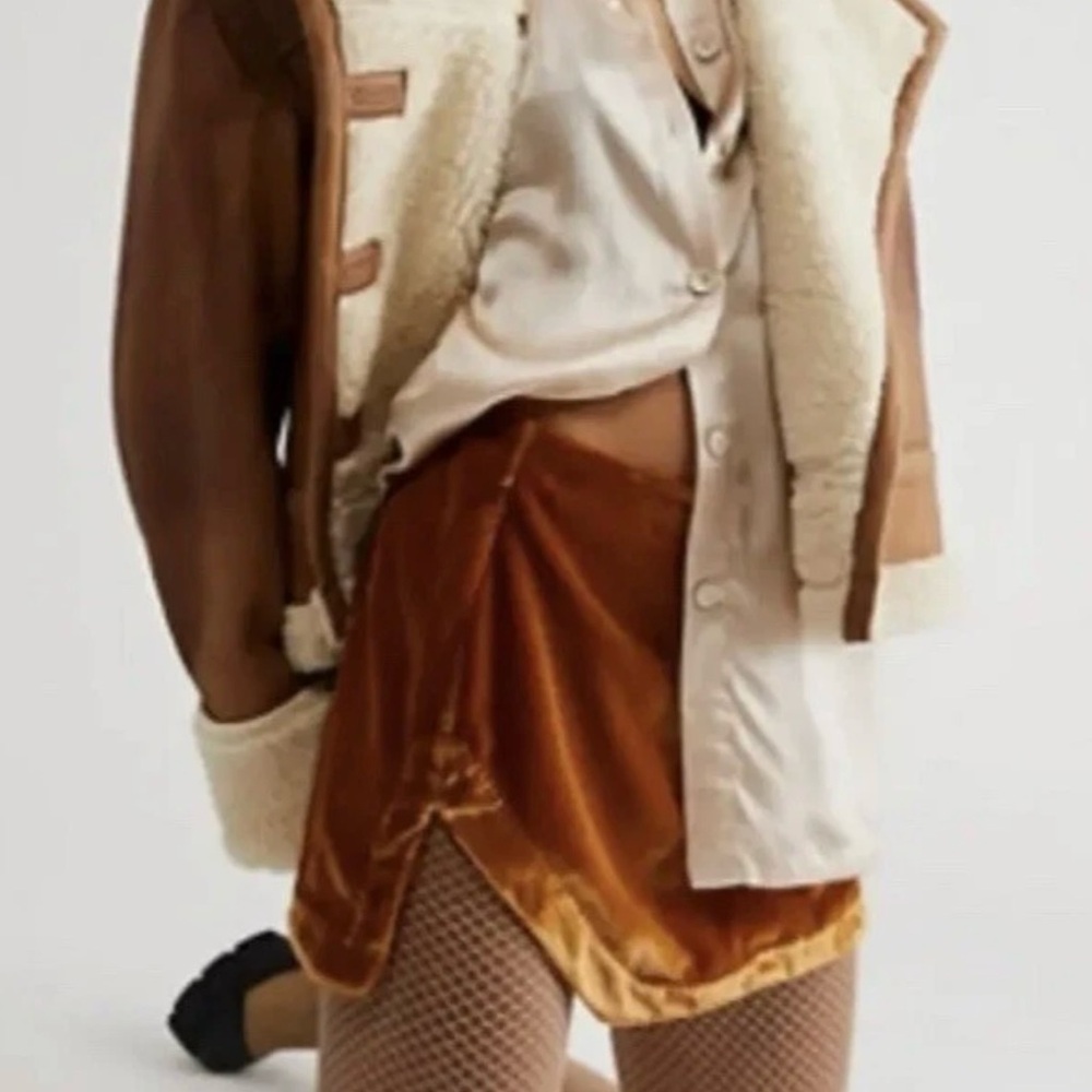 Free People Velvet Camel Boho Festival Mini Skirt with side slit